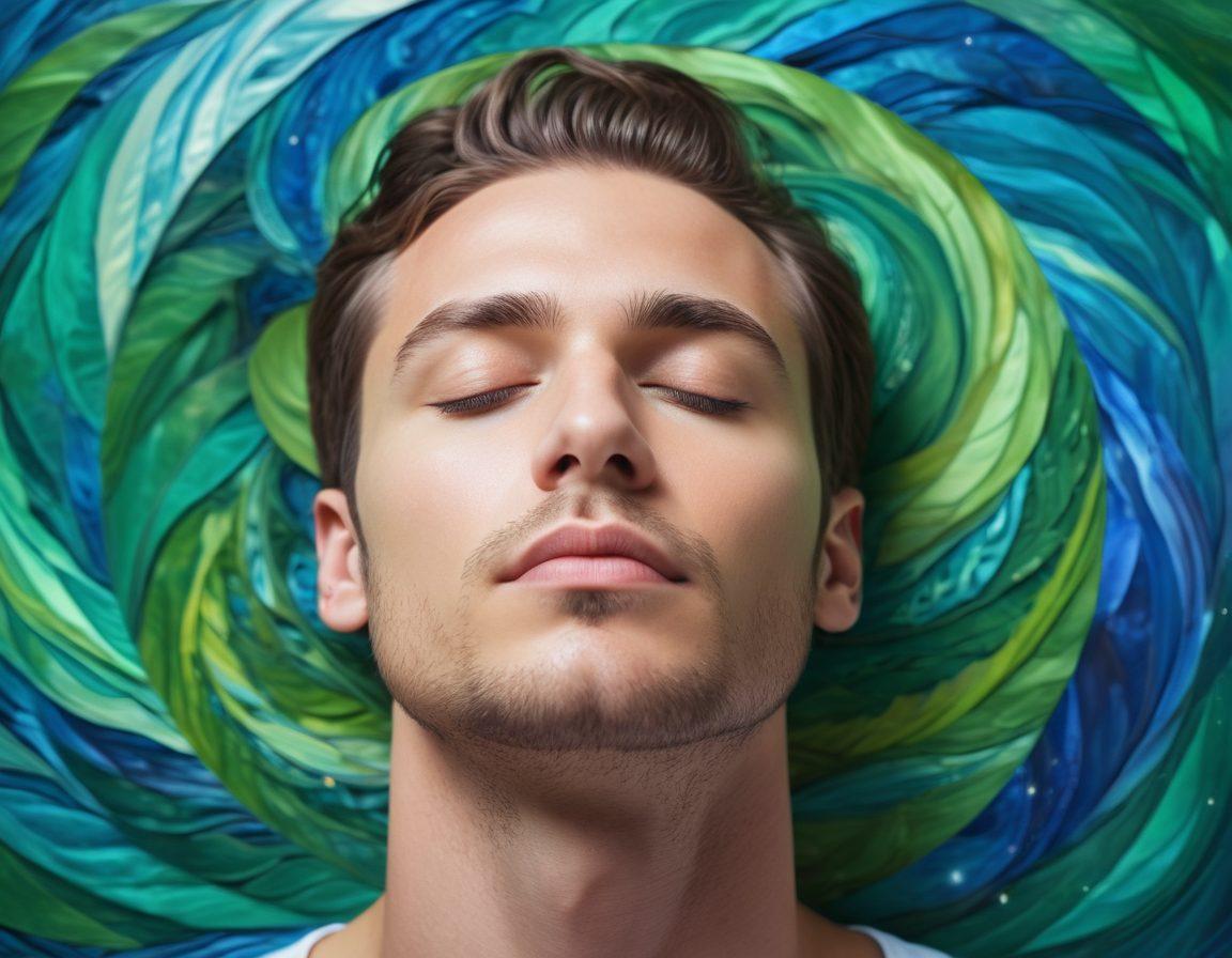 A serene man in a tranquil setting, eyes closed, experiencing a hypnotherapy session, surrounded by soothing blue and green hues. Visions of empowerment and healthy relationships illustrated as swirling colorful patterns around him, symbolizing the unfolding of sexuality and emotional wellness. Add soft, ethereal light to enhance the calm atmosphere. vibrant colors. super-realistic.