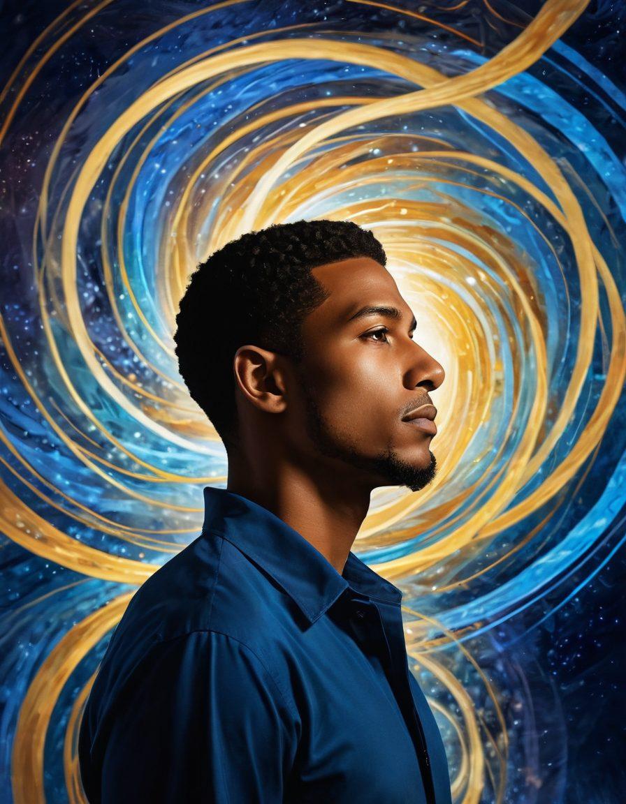 A striking image of a man deep in thought, surrounded by swirling pathways of light symbolizing connections and ideas. His face reflects determination and clarity, while ethereal figures representing empowered relationships emerge from the pathways. The background is a blend of cool blues and warm golds, creating a contrast that signifies empowerment and introspection. Super-realistic. Vibrant colors. Abstract elements.