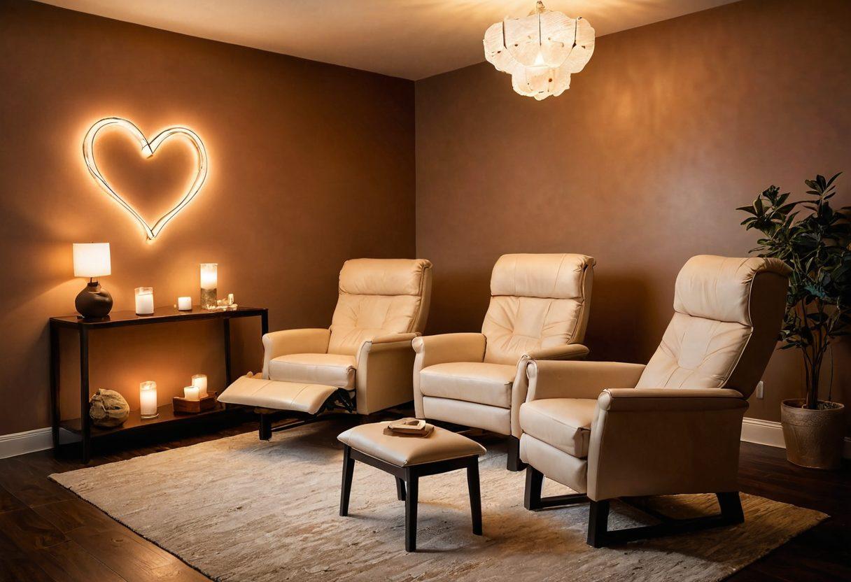 A serene therapy room with soft lighting, featuring a comfortable recliner and a hypnotist gently guiding a couple through a session. In the background, subtle symbols of connection and communication, like intertwined lines and hearts, float in the air. The atmosphere conveys tranquility and understanding, highlighting the interplay of gender relations in a modern dating context. warm tones. super-realistic.
